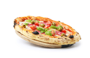 Delicious pizza with salami, olives, tomatoes and basil isolated on white