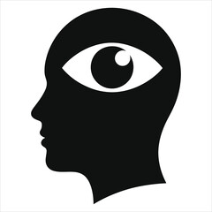 Third eye in human head silhouette. Vector icon of consciousness, intuition, mindfulness. Spiritual symbol for enlightenment, perception, self-awareness. Minimalist black and white graphic design.