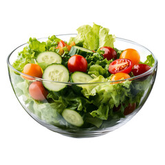 Delicious fresh salad in a glass bowl featuring tomatoes cucumbers and green lettuce