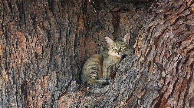 Southern African wildcat resting in tree with lovely bark in Kgalagadi transfrontier park, South Africa; specie Felis silvestris cafra family of Felidae