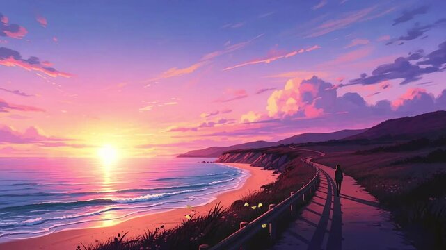 Person Silhouette Walking Along Sandy Beach Coastal Road During Sunset with Pink Sky Mountains and Gentle Ocean Waves Illustration