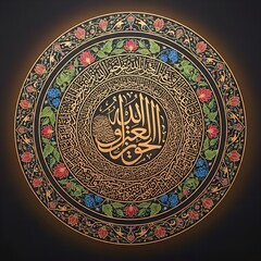 An ornate islamic calligraphy art with floral pattern on a black background