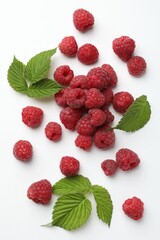 Tasty fresh ripe raspberries and leaves on white background, flat lay