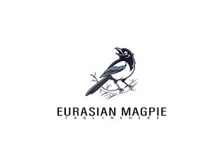 Fototapeta premium Cute line art Eurasian Magpie resting on a branch, surrounded by falling leaves and tiny hearts, perfect for soft nature prints, wildlife storybooks, or eco branding.