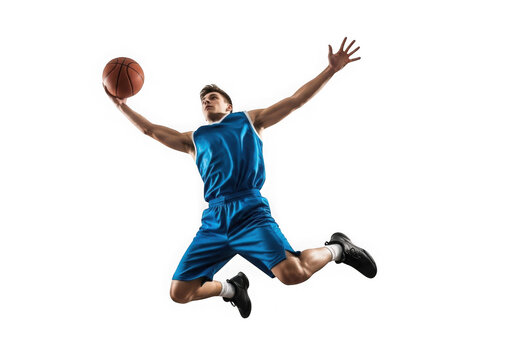 Basketball player jumping with ball in action isolated on transparent background