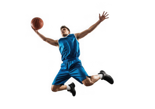 Basketball player jumping with ball in action isolated on transparent background