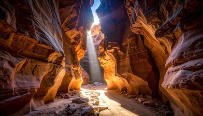 Light Streaming Into Narrow Canyon with Eroded Rock Walls