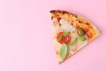 Slice of delicious pizza on pink background, top view. Space for text