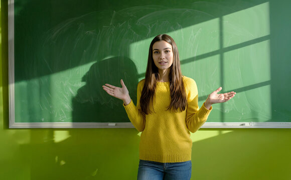 Woman teacher wearing yellow sweater explaining something during a lesson in front of a green chalkboard