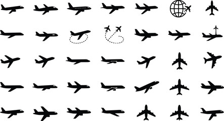 Naklejka premium Airport and Airplane Travel Icons: A Diverse Set of Aircraft, Flight, and Aviation Symbols for Travel Agency, Logistics, and Tourism Design.