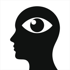 Silhouette Profile of Human Head with Oversized Eye Icon Inside Vector Illustration – Concept of Inner Vision, Mind’s Eye, Insight, Awareness, Perception, Consciousness, Psychology, Intuition, Focus