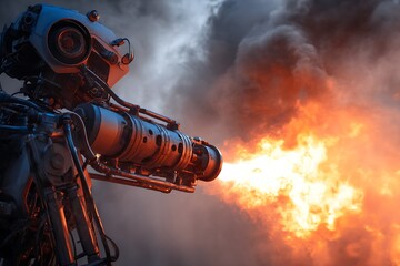 A robot emits a large flame from its mechanical arm