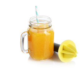 Tasty orange juice in mason jar and plastic juicer isolated white