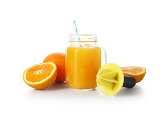 Tasty orange juice in mason jar, plastic juicer and fresh fruits isolated white