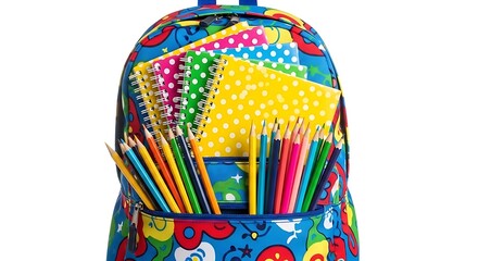 A backpack filled with colorful notebooks and pencils on a white background ready for school