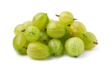 Many fresh green gooseberries isolated on white