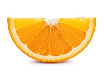 Juicy orange slice with bright segments and white pith on white citrus fruit