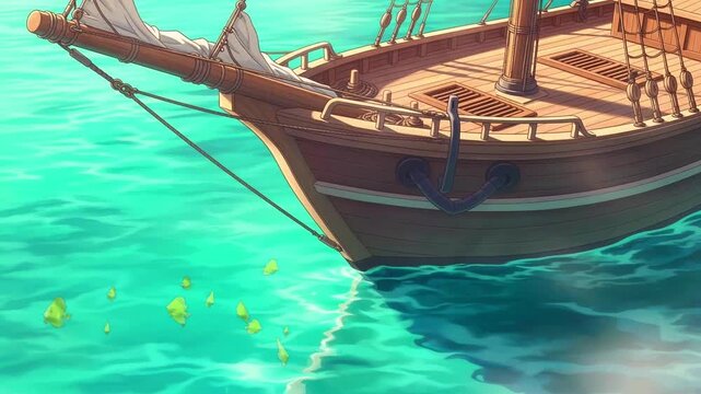 Brown Wooden Boat Floating on Clear Turquoise Water with Schools of Yellow Fish Animated Tropical Scene Calm Ocean Nautical Vessel