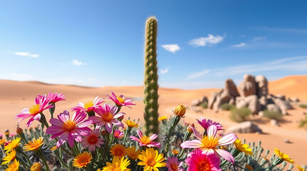 Blooming wildflowers paint the arid desert landscape with a vibrant tapestry of pink, purple, and yellow blossoms under a brilliant blue sky