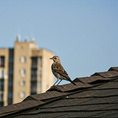 Songbird Perched on Rooftop in Urban Area