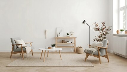 Fototapeta premium Modern Scandinavian living room with neutral tones, cozy sofa, pampas grass, wooden furniture, and minimalist decor for a warm and inviting atmosphere