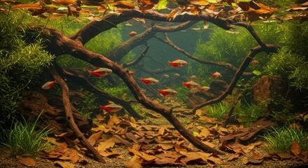 Serene Underwater Forest Scene with School of Red Neon Tetras Amidst Driftwood and Autumn Leaves