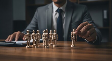 Businessman selecting a wooden mannequin figure from a group on a desk suit table
