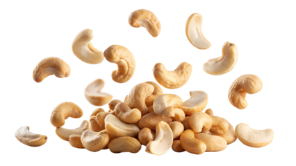 Pile of roasted cashew nuts falling and flying isolated on transparent background, a healthy snack rich in protein and nutrients for a balanced diet