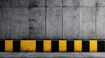 Gray concrete wall with yellow and black striped curb