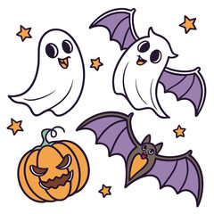 Illustration featuring two ghosts, a bat, a pumpkin, and stars in a halloween themed arrangement design