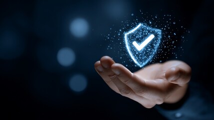 A hand holds a glowing, digital shield with a check mark