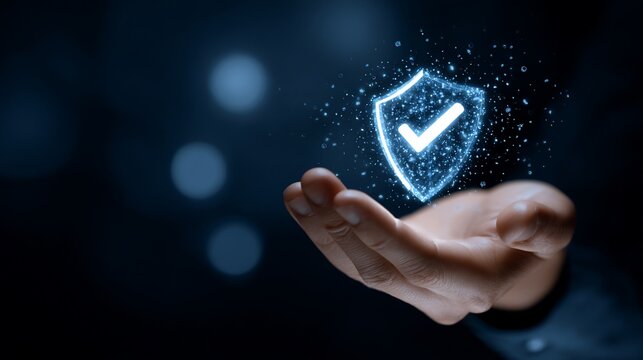 A hand holds a glowing, digital shield with a check mark