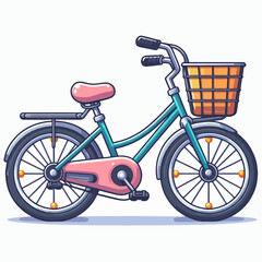 Vibrant, cartoon-style drawing of a child's bicycle with a basket, rendered in a flat design. The bike is shown from a profile perspective.