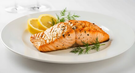Premium Fresh Salmon Steak Grilled to Perfection with Crispy Skin and Elegant Upscale Restaurant Presentation