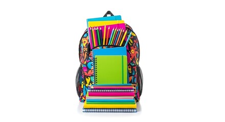 A colorful backpack filled with school supplies including notebooks and colored pencils on white background