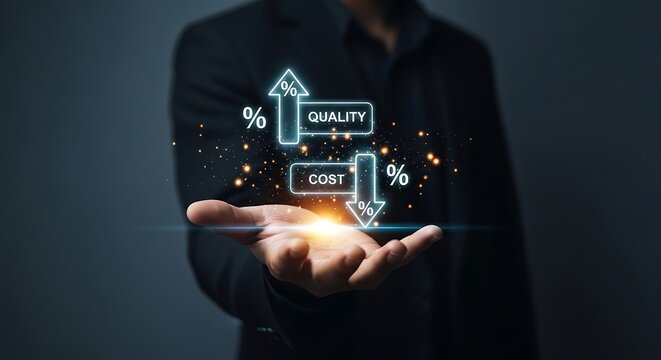 Businessman shows concept of increasing quality and decreasing cost with arrows efficiency