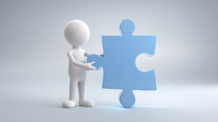 ビジネス資料で人物がパズルピース示す