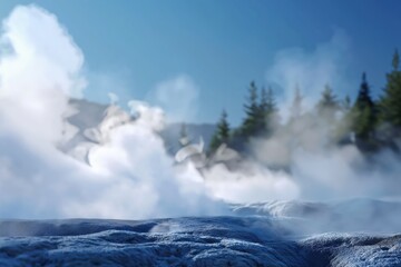 Obraz premium Steaming geothermal landscape with dense fog and pine trees in yellowstone