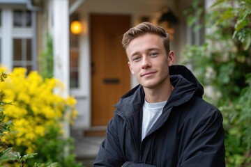 Young caucasian male in black jacket smiling outdoors with yellow flowers