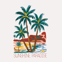 Fototapeta premium Hand drawing palm tree. summer color painting art of beach. retro vibes tropical palm design. vintage summer t shirt print design. girls women's fashion design's new trendy artwork.