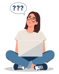 Woman Thinking About a Problem While Using a Laptop with a Question Mark Overhead