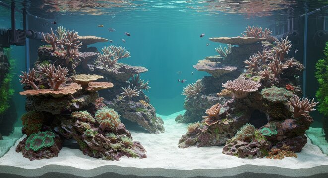 Twin Coral-Adorned Towers Frame a Serene Sandy Valley in a Reef Aquarium