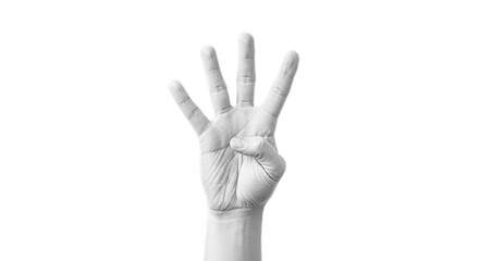 Isolated hand showing four fingers gesture sign language counting number representation in black and white
