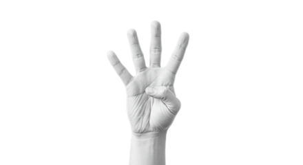 Isolated hand showing four fingers gesture sign language counting number representation in black and white