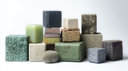 Assorted cubic soaps in varying shades and textures, stacked and arranged against a white background