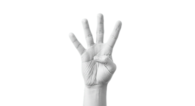 Isolated hand showing four fingers gesture sign language counting number representation in black and white