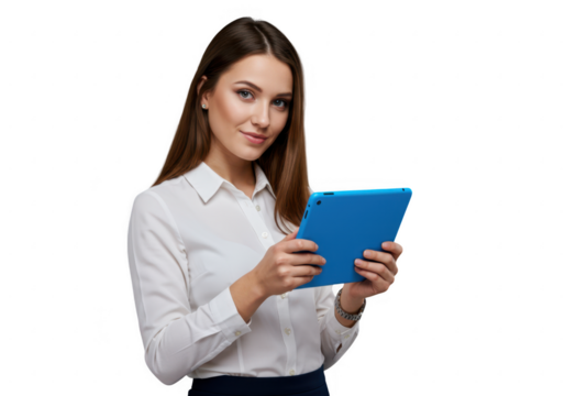 Woman in white shirt holding a blue tablet isolated on transparent background