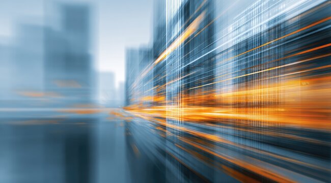 Abstract cityscape with motion blur.  Urban scene,  blurred buildings, streaks of orange and blue light, dynamic perspective