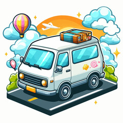 Cartoon illustration of a van with luggage on the roof, set against a colorful sky and landscape.  The style is bright and cheery, suggesting a journey or vacation.