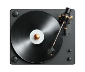 Black vinyl record player, flat lay view isolated